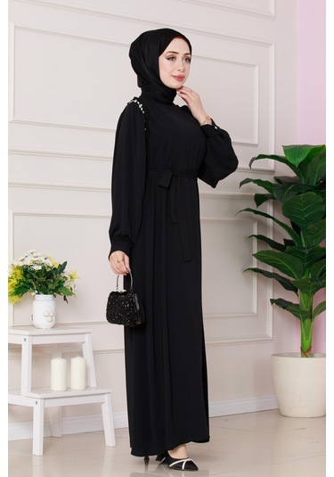 Omuzu Taş Detaylı Rose Elbise-siyah-4773 Siyah