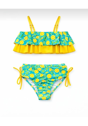 Nurbebe Limon Desenli Kız Çocuk Bikini Takımı Turkuaz