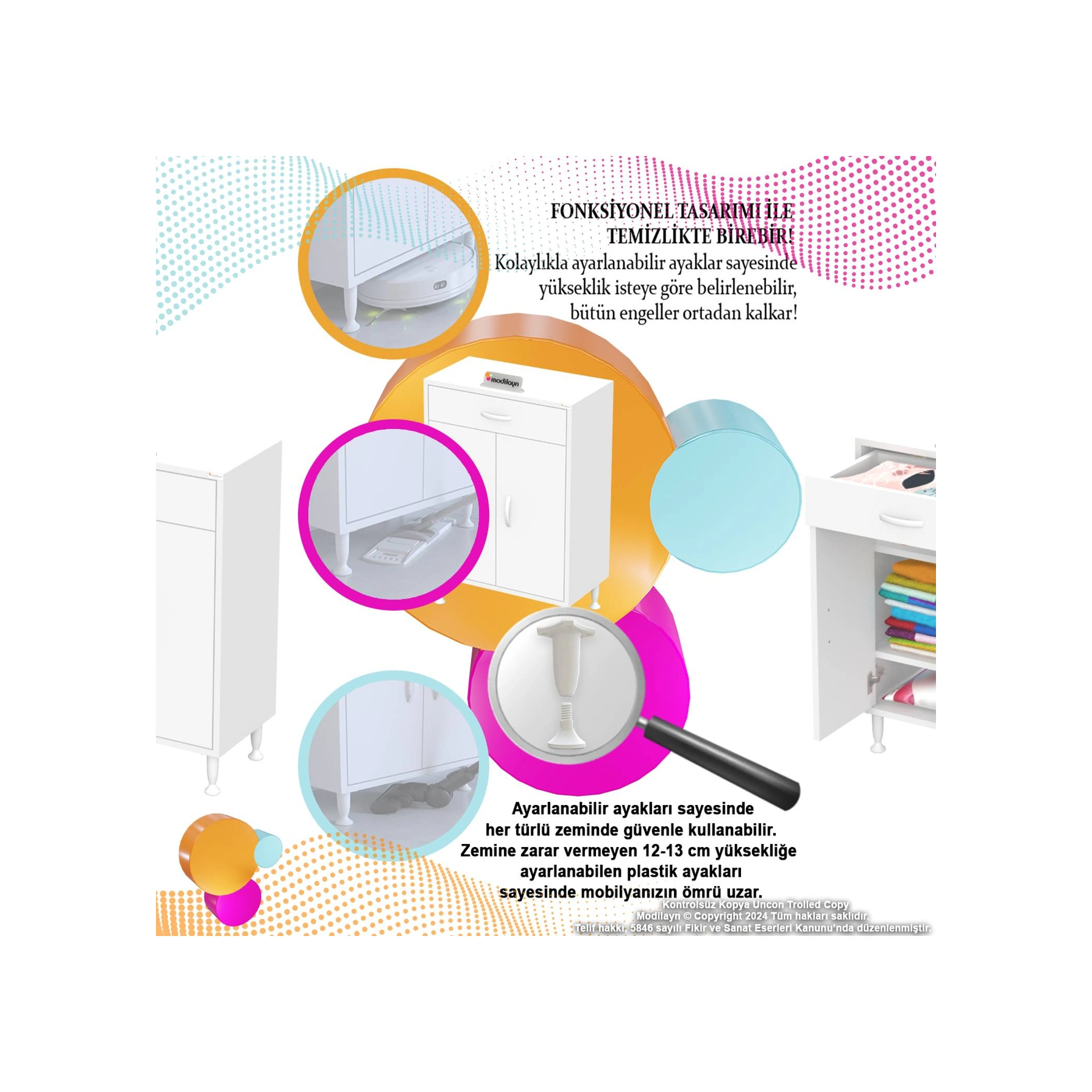 Mira Banyo Ve Mutfak Dolabı Çok Amaçlı Dolap Tek Çekmece 2 Kapak 2 Raf 3 Bölme 70x88x32,5 Cm Beyaz