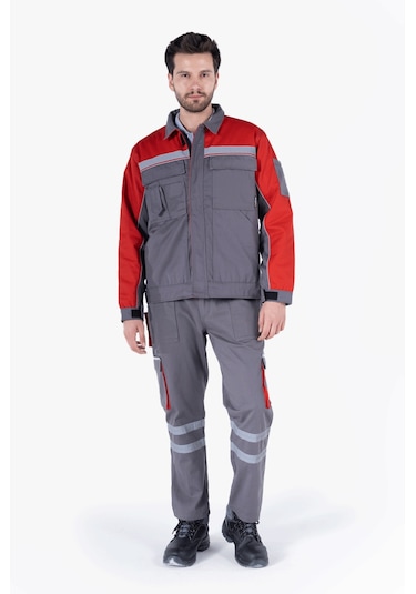 İş Montu Reflektörlü Cepli Kapitoneli Gri - Kırmızı