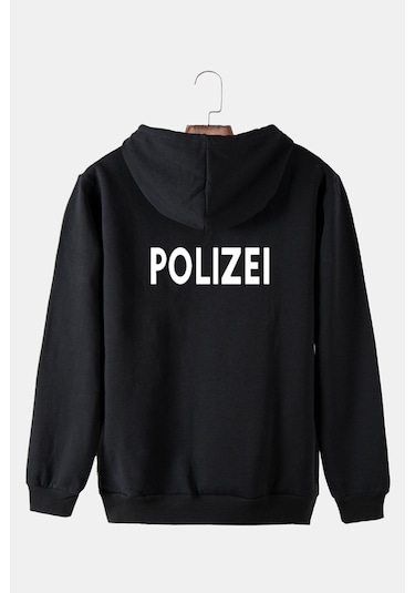 Unisex Siyah Dark-beyaz Arkası Polizei Baskılı Kapşonlu Sweatshirt Dark-beyaz