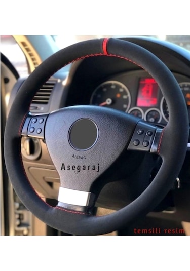 Alcantara Dikmeli Direksiyon Kılıfı Kırmızı Yüzüklü