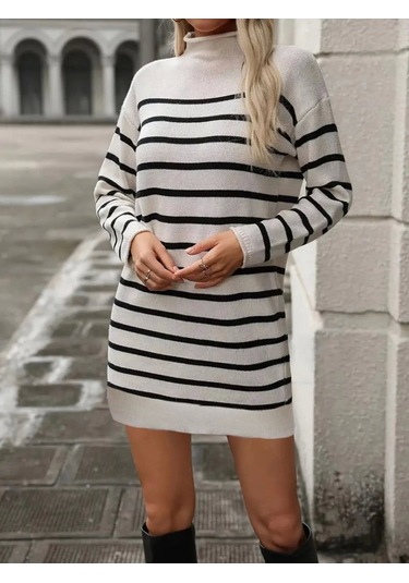 Kadın Uzun Kollu Yarım Balıkçı Yaka Çizgilitriko Mini Boy Elbise Kemersiz Beyaz