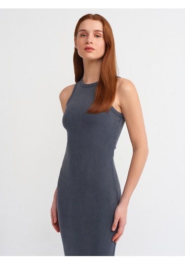 Dilvin Yıkama Efektli Midi Elbise Antrasit
