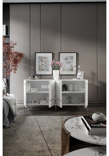 ART KONSOL MDF MEBRAN KAPAK BEYAZ GÜMÜŞ