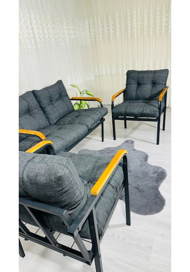 Madame Home Kalanşo Balkon, Bahçe,teras,cafe - Salon - Metal Kanepe Koltuk Takımı Çay Seti 2+1+1 Antrasit