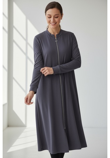 Kadın Önü Fermuarlı Kolu Manşetli Gizli Cepli Mevsimlik Kap Gri
