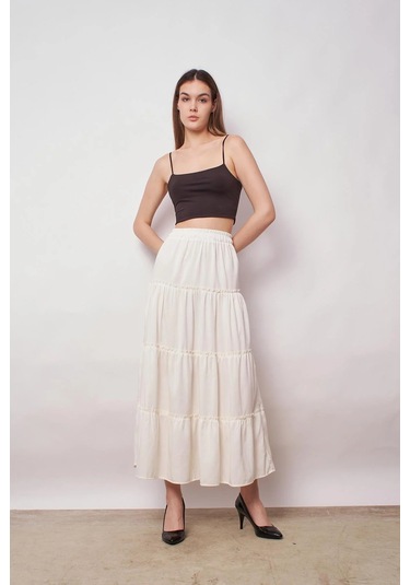 Kadın İç Göstermez Midi Boy Fırfırlı Beli Lastikli Etek -krem Krem