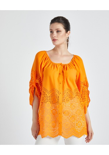 Kadın Pamuk Gömlek Ajurlu Detaylı, Rahat Kalıp Yazlık Tasarım Orange