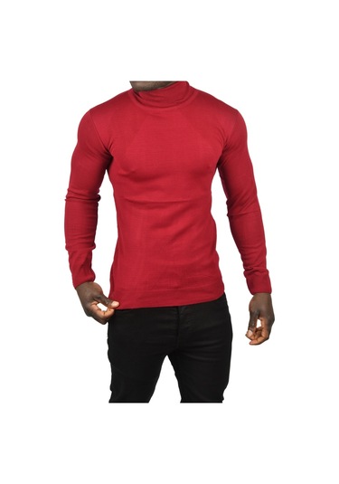 Deepsea Erkek Bordo Tam Balıkçı Yaka Yanları Desenli Slim Fit Boğazlı Triko Kazak 2505495 Bordo