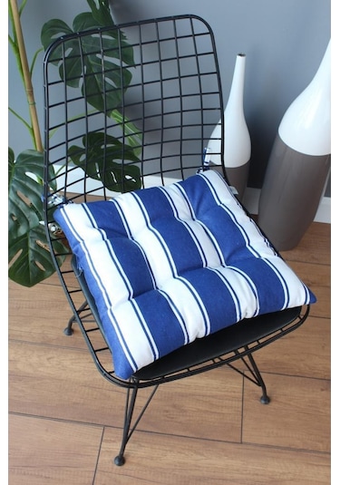 Altınpamuk Altınpamuk Beta Pofidik Mavi Beyaz Sandalye Minderi Bağcıklı 40X4