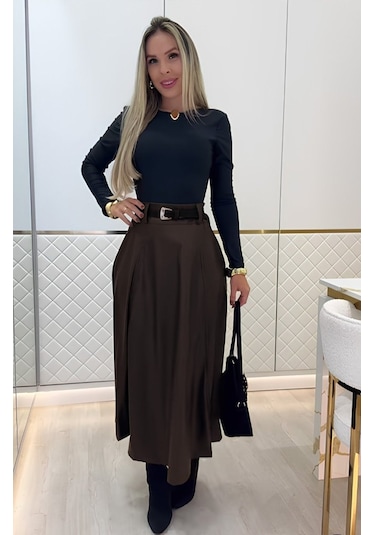 Kadın Yüksek Belli Maxi Deri Kemersiz Etek Kahve