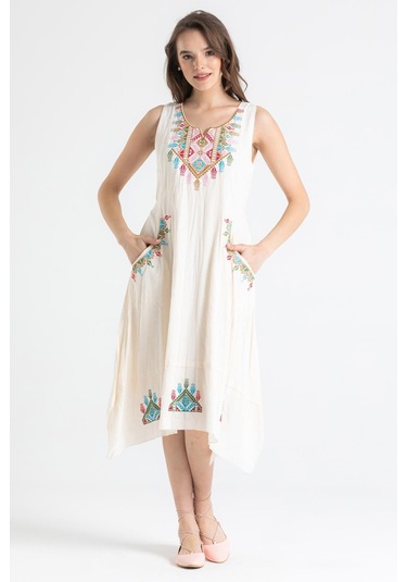 Kolsuz Şile Bezi Antik Nakışlı Midi Boy Elbise Krem Krm-krem