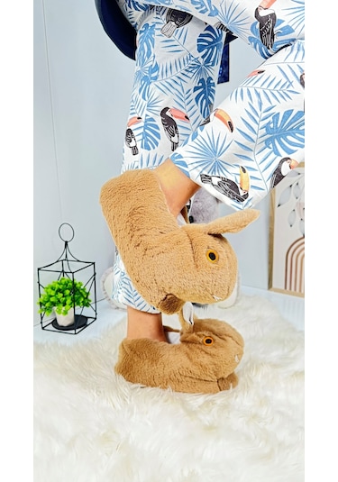 Kadın Panduf Tavşan Figürlü Peluş Ev Botu Desenli Düz Taban Rahat Hafif 359 Kahve