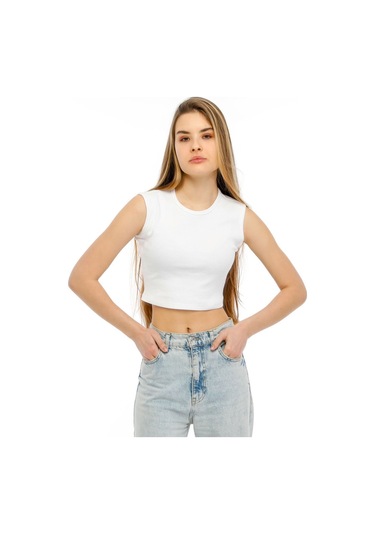 Bella Dossi Rahat Beyaz Kaşkorse Kolsuz Sıfır Yaka Kadın Crop Top Beyaz