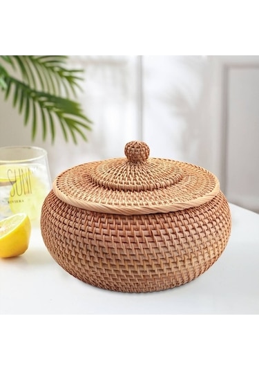 Bosphorusboutique02 Yuvarlak Rattan Sepet, Kapaklı Hasır Meyve Ekmek Kutusu, Rustik Atıştırmalık Kase Diğer