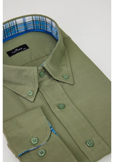 Tudors Büyük Beden Düğmeli Yaka Poplin Pamuklu Kolay Ütü Oxford Haki Erkek Gömlek-30225-haki Haki