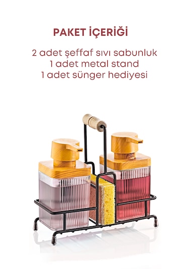 Metal Standlı Ahşap Detaylı Bulaşık Deterjanı Ve Sıvı Sabunluk