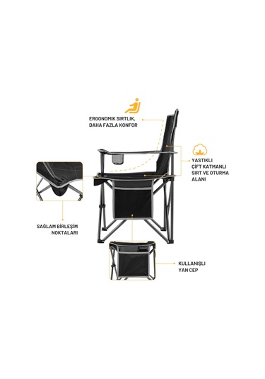 Kingcamp Lotus Comfort Konforlu & Takviyeli Kamp Sandalyesi Black Siyah