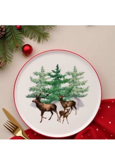 Yılbaşı Servis Tabağı Deer 27 Cm 6lı Set Bej