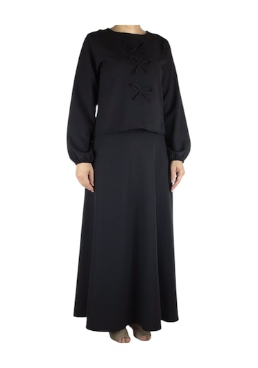 Kadın Spor Önden Kurdela Modelli Kolağzı Lastikli Etek Yandan Fermuarlı Etek Mevlana Model İkili Takım Siyah