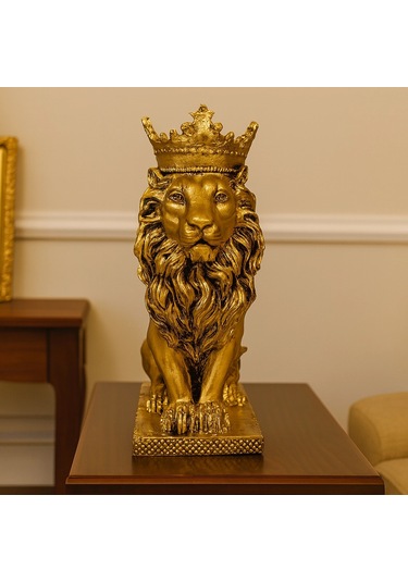 Taçlı Oturan Aslan Figürü Polyester 34x14
