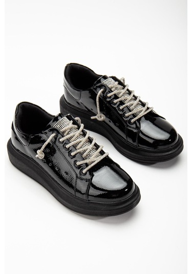 Taş Bağcıklı Detaylı Siyah Rugan Kadın Spor Ayakkabı-2848 Siyah-Rugan Siyah