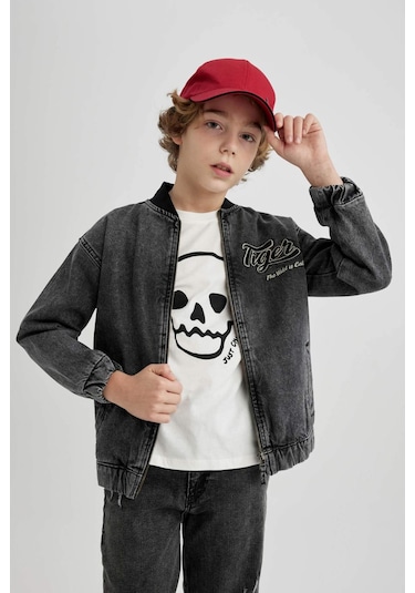 DeFacto Erkek Çocuk Kolej Yaka Fermuarlı Çift Cepli Mevsimlik Hafif Jean Bomber Ceket B5500A824SPNM36