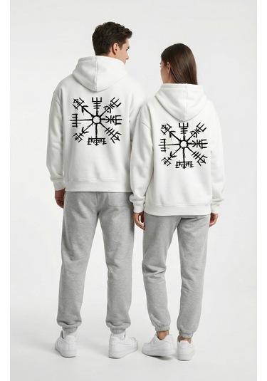 Nevermind Unisex Vegvisir Pusula Baskılı Sevgili Kombini Oversize Hoodie Seti Beyaz