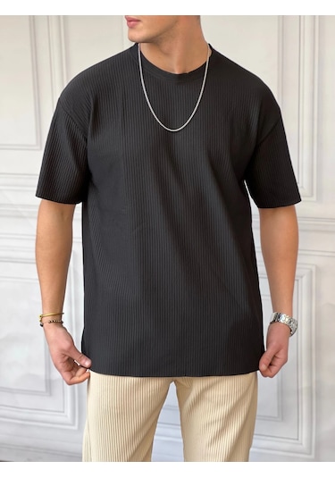 Modefendi Fitil Desen Bisiklet Yaka Oversıze T-shirt Siyah