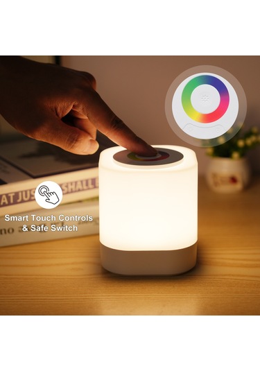 Geeroyoo Renkli Yatak Başı Lambası: 4 Parlaklık Seviyesi, 2 Dinamik Rgb Modu, 1500mah Şarjlı Pil, Dokunmatik Kontrol, Beyaz Beyaz