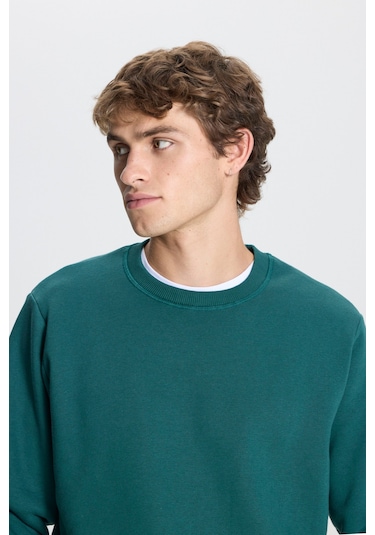 AC&Co / Altınyıldız Classics Erkek Koyu Yesıl Standart Fit Normal Kesim İçi Polarlı Bisiklet Yaka Sweatshirt Koyu Yeşil