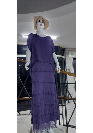 İtalyan 2 Beden İnce Gösteren Yarım Kol Kat Kat Ipek Elbise Mürdüm