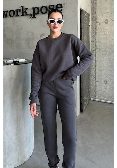Modagen Antrasit Bisiklet Yaka Düz Oversize Alt-üst Eşofman Takımı Antrasit
