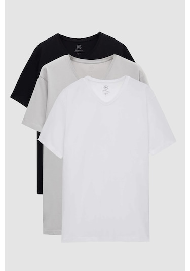 Ds Damat Slim Fit Siyah/gri/beyaz 3'lü Set V Yaka T-shirt 4hc14ortbn55m Siyah/gri/beyaz Çok Renkli