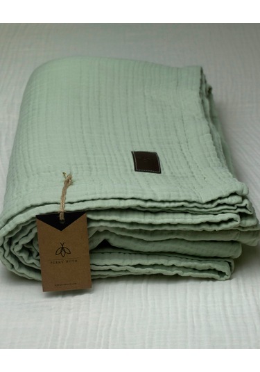 4 Katlı Müslin Yatak Örtüsü - Battaniye Pike %100 Organik Pamuk Dört Mevsim Yumuşak Gots Sertifikalı Su Yeşili