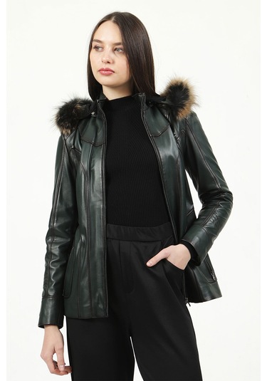 Dericlub Mistral Kadın Kapüşonlu Hakiki Deri Kaban Yeşil Yeşil