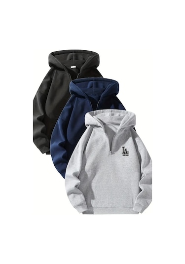 Unisex Fermuarlı Kapüşonlu Oversize La Baskılı Sweatshirt Siyah / Lacivert / Gri Siyah-gri-lacivert