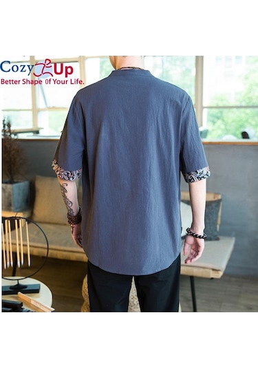 Rahat Up Çin Tarzı 1/2 Kollu Casual Gömlek Erkek İnce Stand Yaka Nakış Pamuk Ve Keten Gri Mavi Gri - Mavi