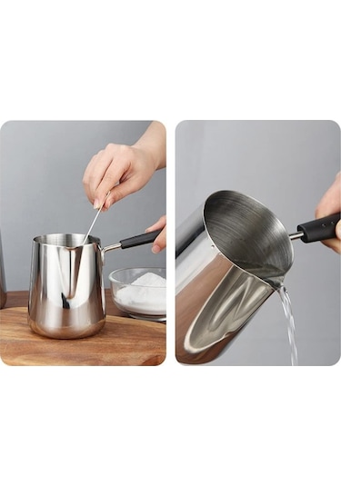 Dancemonkey Paslanmaz Çelik Süt Tavası - 600/1000ml, Çikolata & Peynir Eritme, Köpüklü Süt, Tüm Ocaklarda Kullanım Gümüş Gümüş