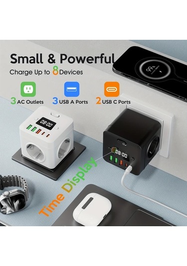 Motion003 Beyaz 3 Ac Cikisi 3 Usb A Ve 2 Usb C Portlu Kompakt Cok Fonksiyonlu Guc Kubu Duvara Monte Edilebilir Asiri Gerilim Korumali Siyah