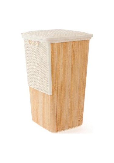 Qutu Ahşap Görünümlü Çamaşır Sepeti - Beyaz - 55 Lt Beyaz