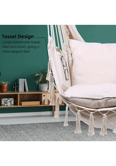 Bej Püsküllü Halat Hamak Sandalye