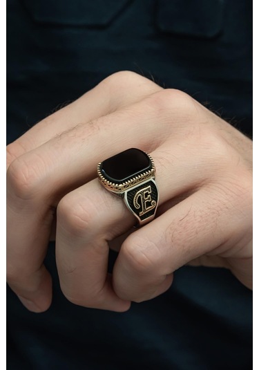 Yüzük Sanatı Oniks Taşlı Harfli 925 Gümüş Erkek Yüzük