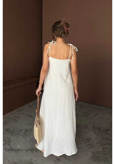 Askılı Uzun Salaş Müslin Elbise - Beyaz Beyaz