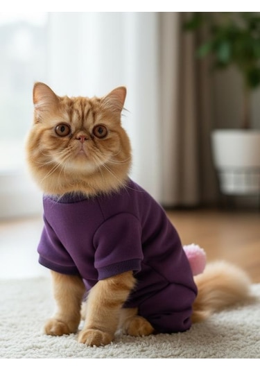 Ponpon Detaylı Kedi Tulumu Şardonlu Polar Kumaş Mor Renk