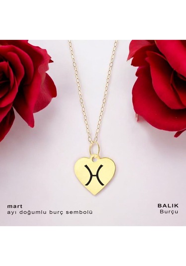 Mart Ayı Doğumlarına Özel 14 Ayar Altın Plakalı Kalp Motifli Zincirli Hediyelik Kolye-352ay Mart