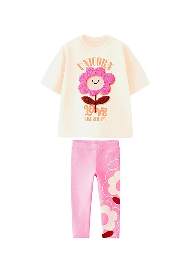 Kız Çocuk 3d Papatya Çiçek Detaylı Pamuklu Taytlı Altüst Takım KREM