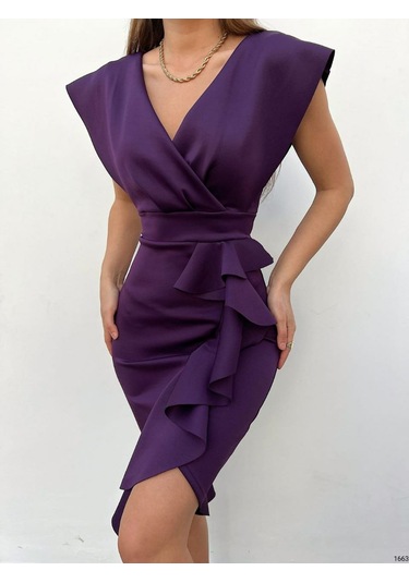 Scuba Kumaş Önü Fırfırlı Midi Boy Elbise Bediva 001