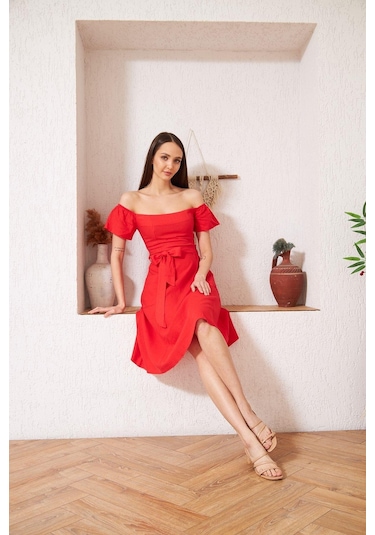 Darlin Moda Kırmızı Omzu Açık Elbise Dm1008 Kırmızı